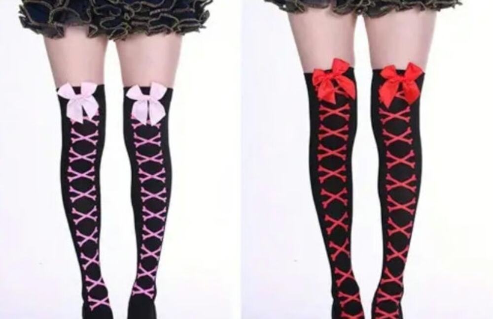 Black Bow Stockings Crossed Bones Choose Red/Pink Coquette Lolita Valentine's